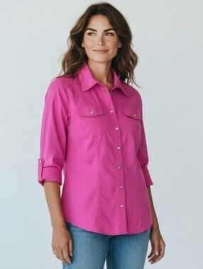 Christopher & Banks Cotton Blend Fuchsia Button-Down Shirt
